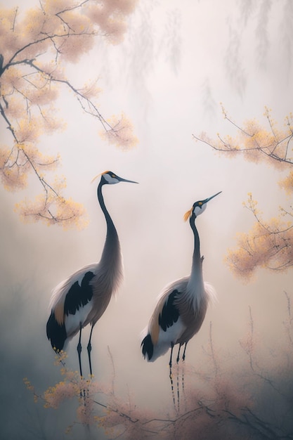 Two birds standing next to each other near a tree generative ai