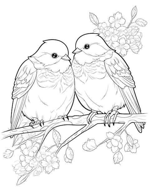 two birds on a tree branch with a drawing of a bird on it