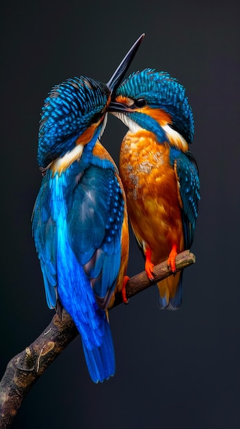 two birds with blue and orange feathers on their heads