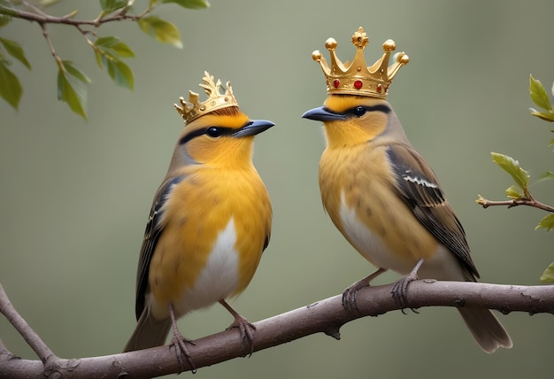 two birds with crown on their heads one has a crown on it