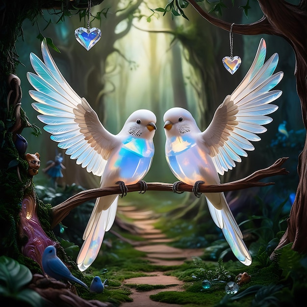 two birds with hearts on their wings are sitting on a tree branch