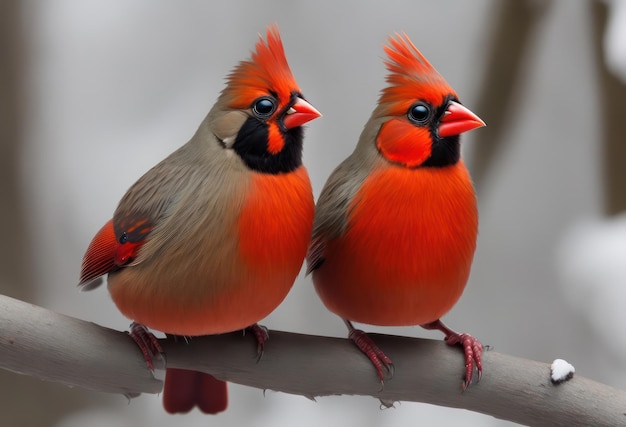 Two birds with red feathers are sitting on a branch.