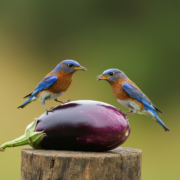 two birds on a wooden post with one of them has blue feathers on the other