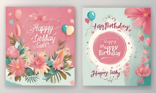 two birthday cards with pink and blue balloons and a pink circle with the words happy birthday on it