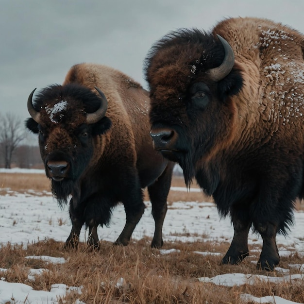 two bison are standing in a field with snow on the ground