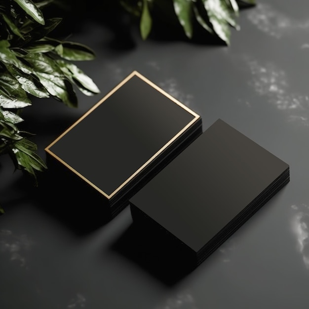 Two black boxes with a gold border and a green leaf on the right.