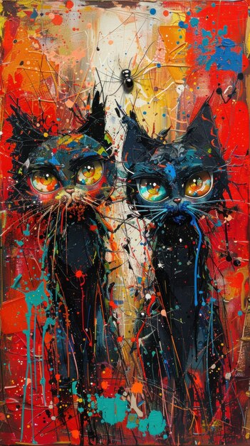 Two Black Cats in an Abstract Expressionist Setting