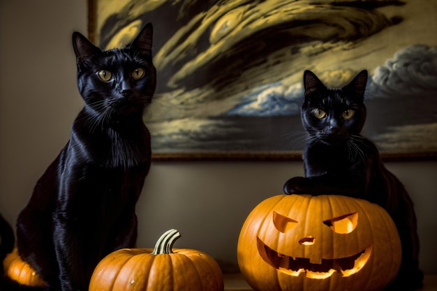 Two Black Cats Sitting Next To Carved Pumpkins