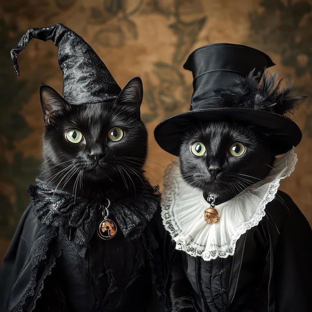 two black cats wearing costumes with a black cape and a black cape