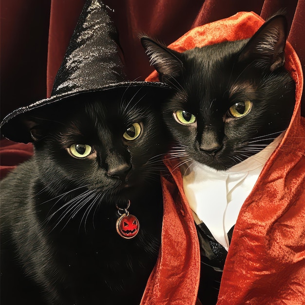 two black cats wearing a witch hat and one has a red tag on it