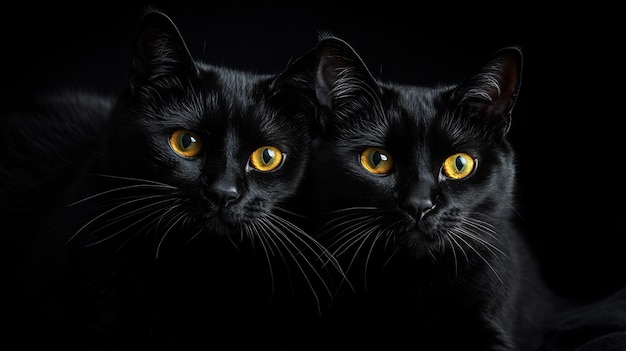 Photo two black cats with glowing eyes in the dark