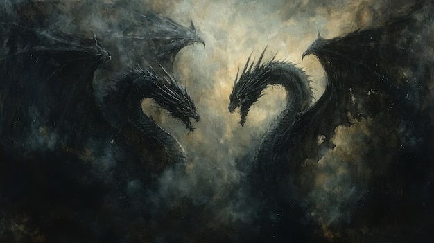 Photo two black dragons facing each other in a misty sky