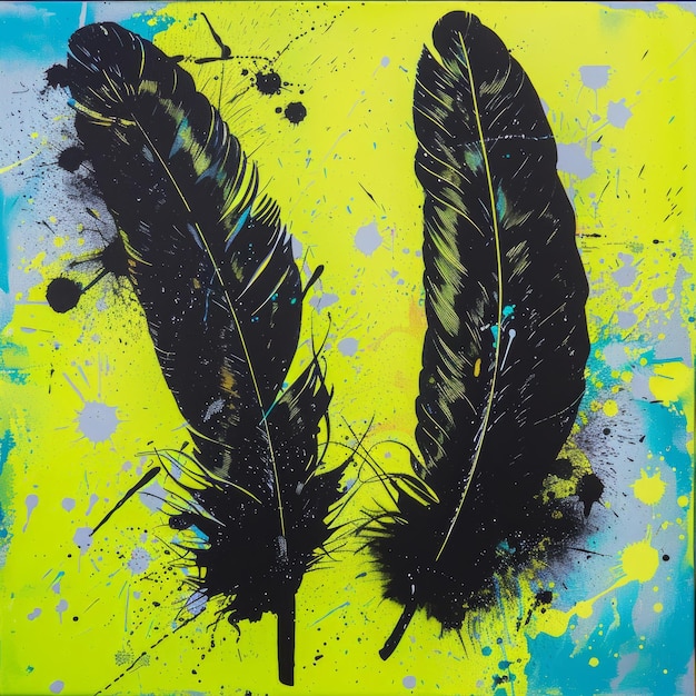 Two black feathers are splattered with yellow paint