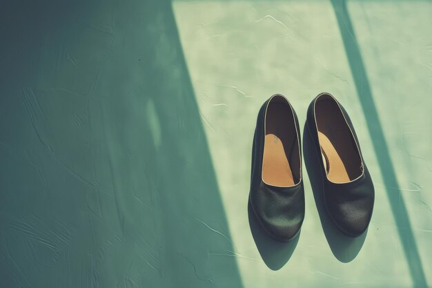 Photo two black flats sit in a patch of sunlight on a teal floor creating a minimalist and poetic scene