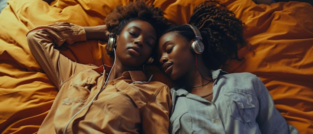 Two black friends listen to music together in bed with their eyes closed