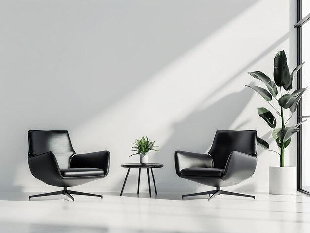 Two black leather armchairs add sophistication to minimalist white living space