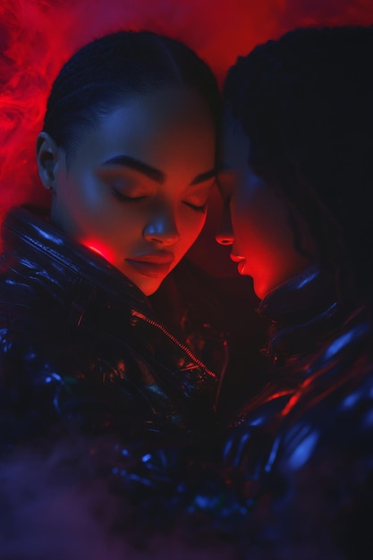 Photo two black lesbians in love paranormal fantasy story set in the dark mist smoke fog couple in love glowing light surreal epic fantasy dystopian story