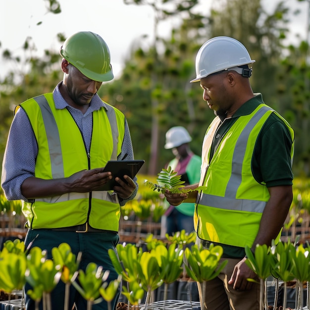 two black men are looking at a tablet while observing plant