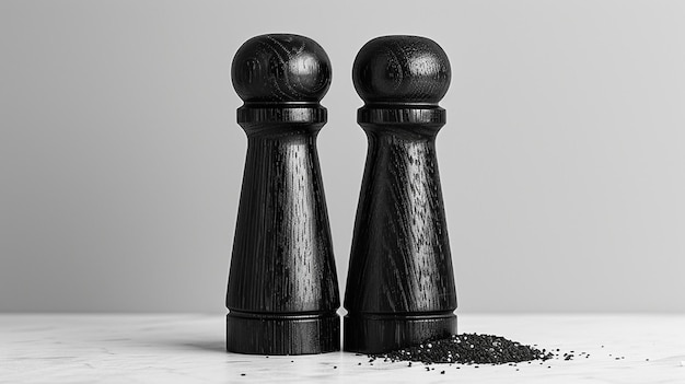 Photo two black pepper shakers are on a white table