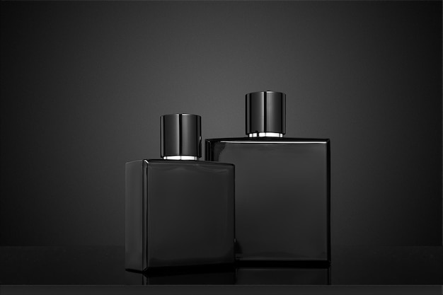 Two Black perfume bottles on a black background Mockup of black perfume bottle