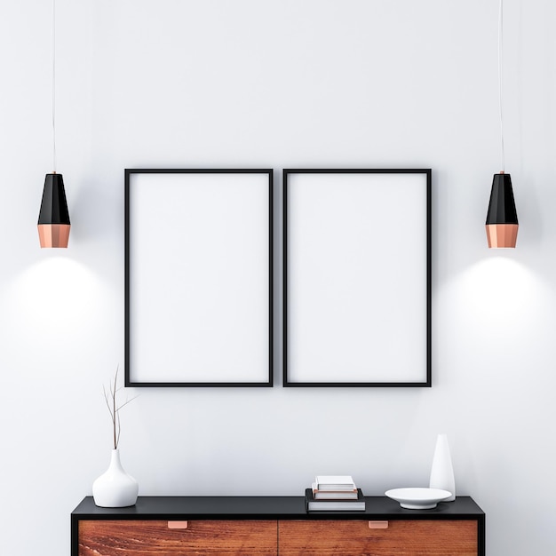 Two black poster Frames hanging on the wall in modern interior. 3d rendering