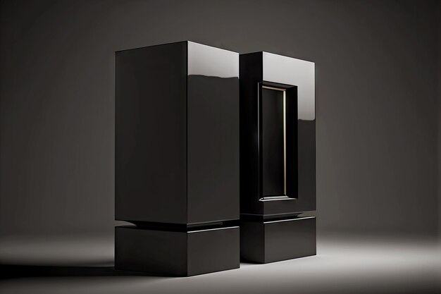 Two black rectangles on pedestal as d abstract on black background