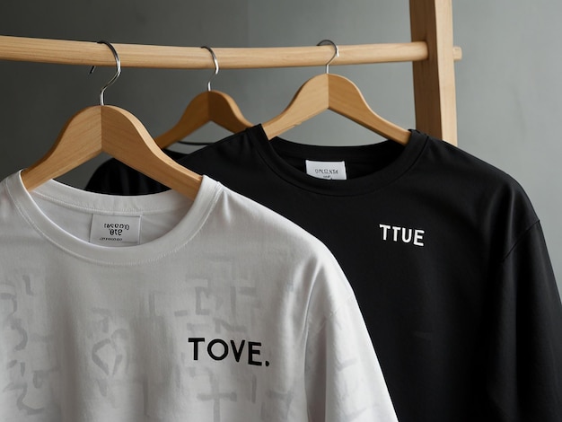 Photo two black shirts hang on hangers with one saying the word on it