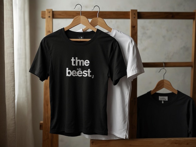 Two black shirts hang on hangers with one saying the word on it