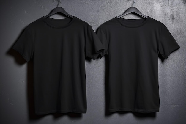 Two black shirts hang on hangers with one saying the word " on it.