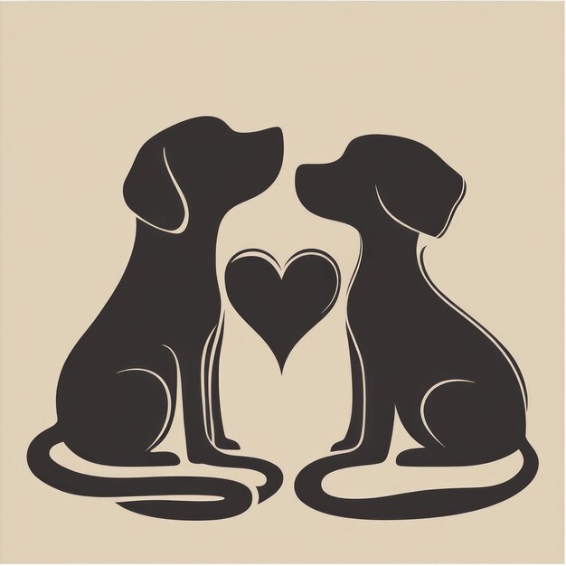 Photo two black silhouettes of dogs sitting facing each other with a heart between them