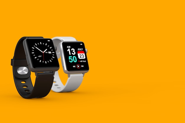 Two Black and White Modern Smart Watch with Straps on a yellow background. 3d Rendering