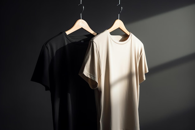 Two black and white shirts hang on a hanger with one being white and the other being black.