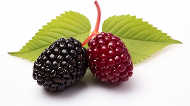 two blackberries with a leaf on a white surface