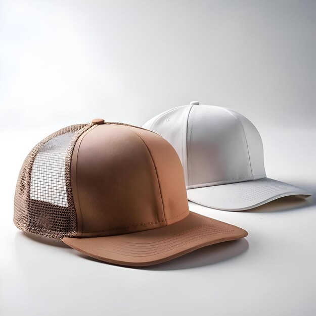 Photo two blank baseball caps one brown with mesh back and one white perfect for showcasing your brand or design