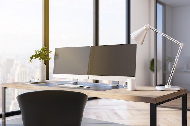 Two blank black computer screens on office desktop in interior with daytime city view Corporate template Mock up 3D Rendering