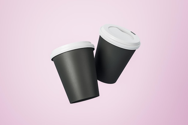 Two blank black paper mugs to go with white plastic caps levitating at abstract light pink background Mock up