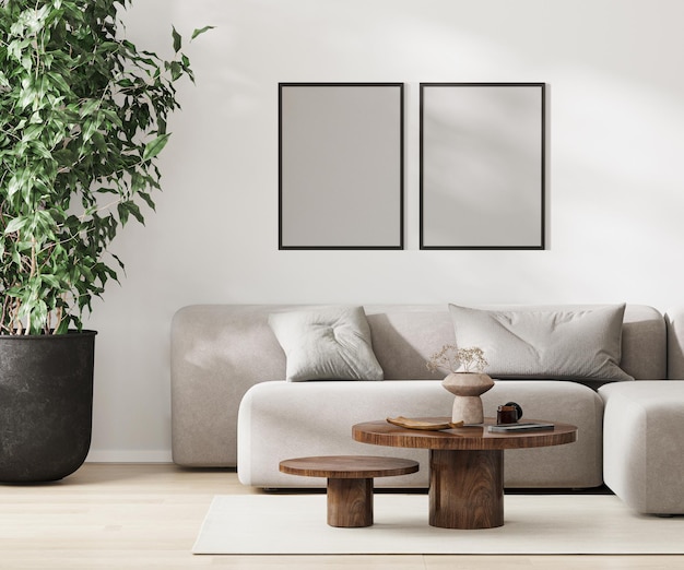 Two blank frames mock up in modern living room interior minimalist style 3d rendering