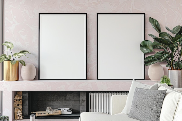 Photo two blank horizontal poster frames in a scandinavian style living room with a pale pink and white color scheme frames are side by side above a contemporary fireplace