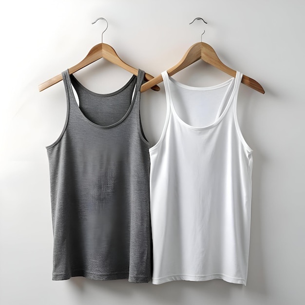 Photo two blank tank tops on wooden hangers one grey and one white against a clean white background