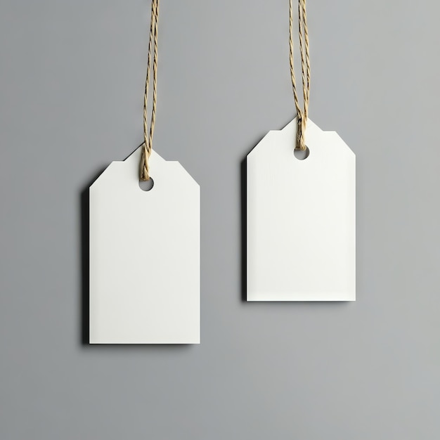 Two blank white tags hanging on a string on a gray background