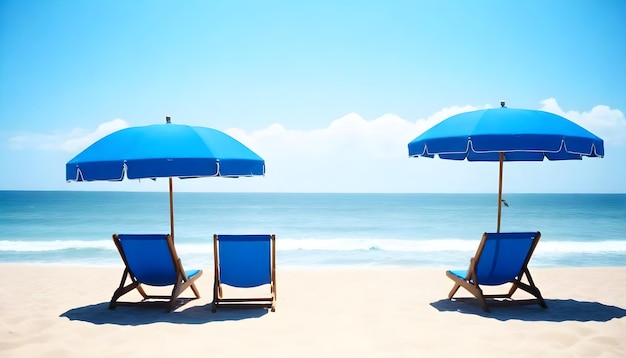 two blue beach chairs with one that has a blue umbrella that says quot no one is on the beach quot