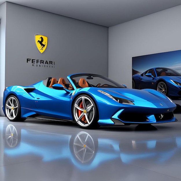 two blue cars are on display in a showroom