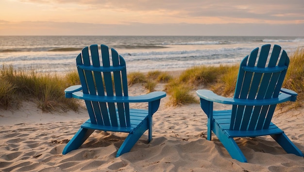 Photo two blue chairs sit on a beach with the ocean in the background