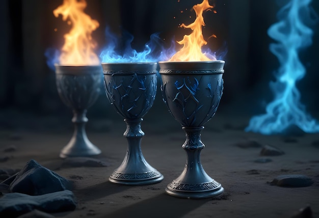 two blue glasses with flames and a fire in the middle