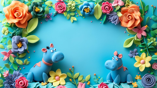 Two blue hippopotamuses sit in a flower garden made of colorful play dough