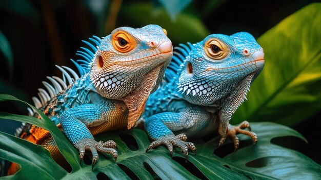 Two Blue Lizards on a Green Leaf