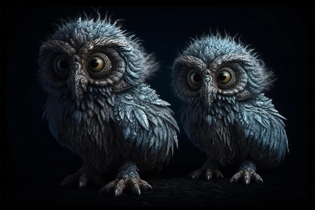 Two blue owls on a black background