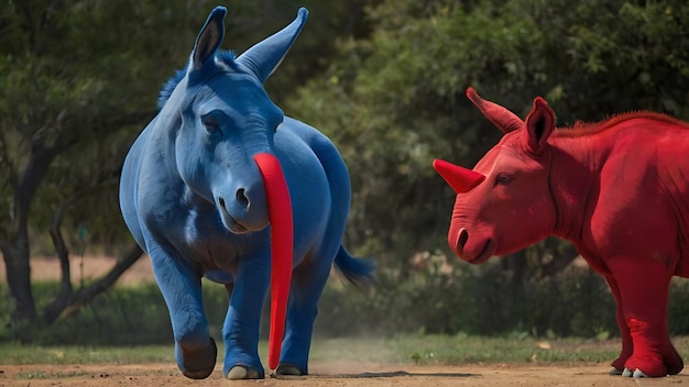 two blue rhinos with a red rhino and a red rhino