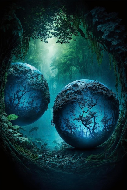 Two blue spheres sitting in the middle of a forest generative ai