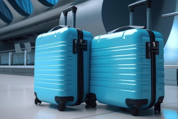 Two blue suitcases are in a line